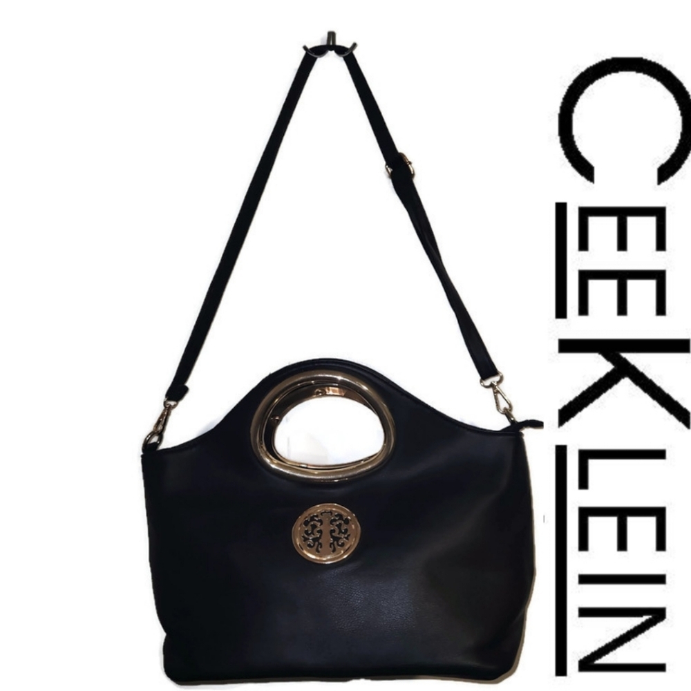 Cee Klein Black Large Satchel Crossbody Bag with Gold Ring Handle